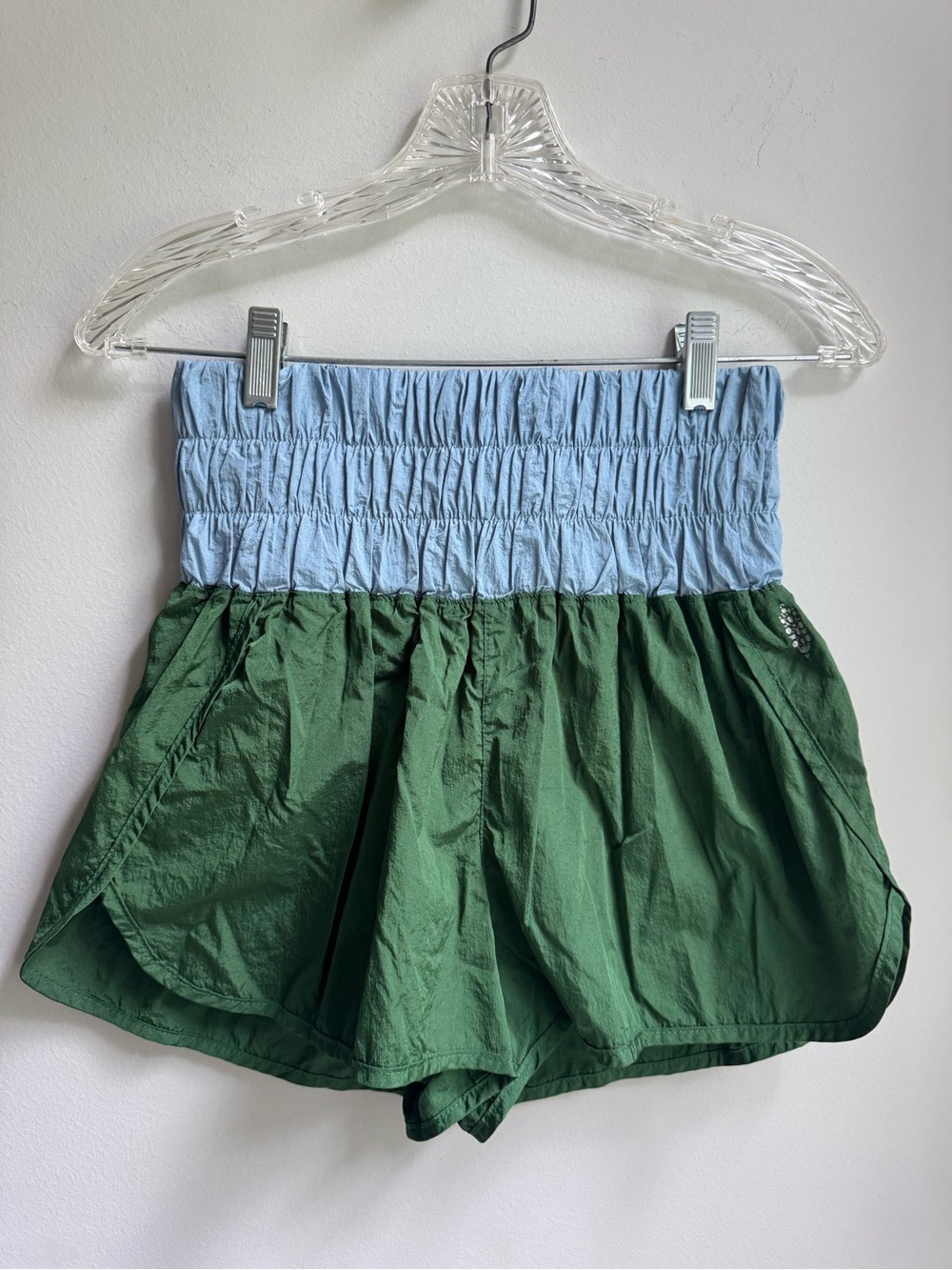 Free People Light Blue and Forest Green Smocked-Waist Athletic Shorts